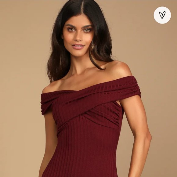 Lulus Dresses & Skirts - Burgundy ribbed off the shoulder dress
